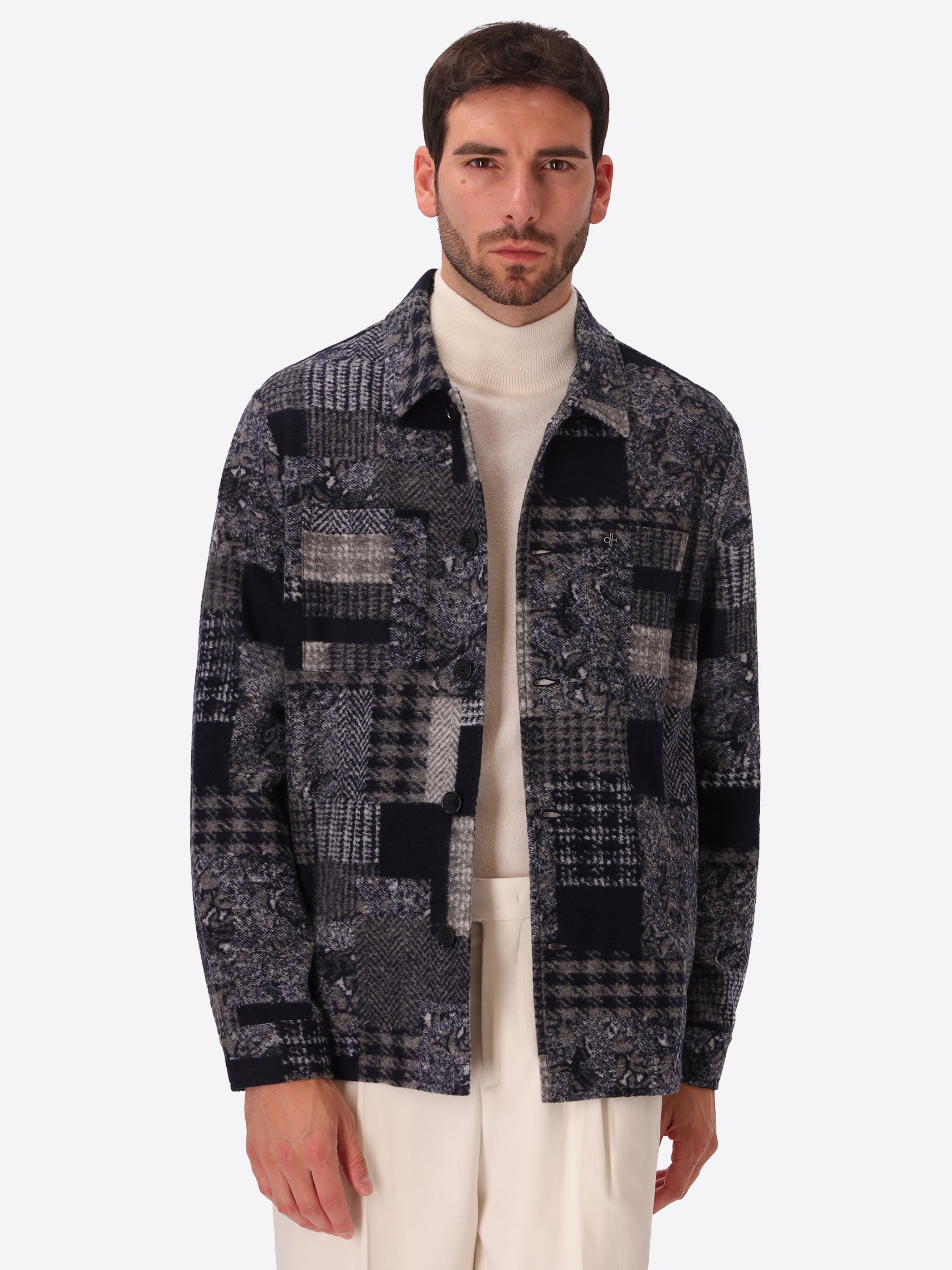 Boccioni Blue Wool-Blend Patchwork Shirt Jacket - Model Front View