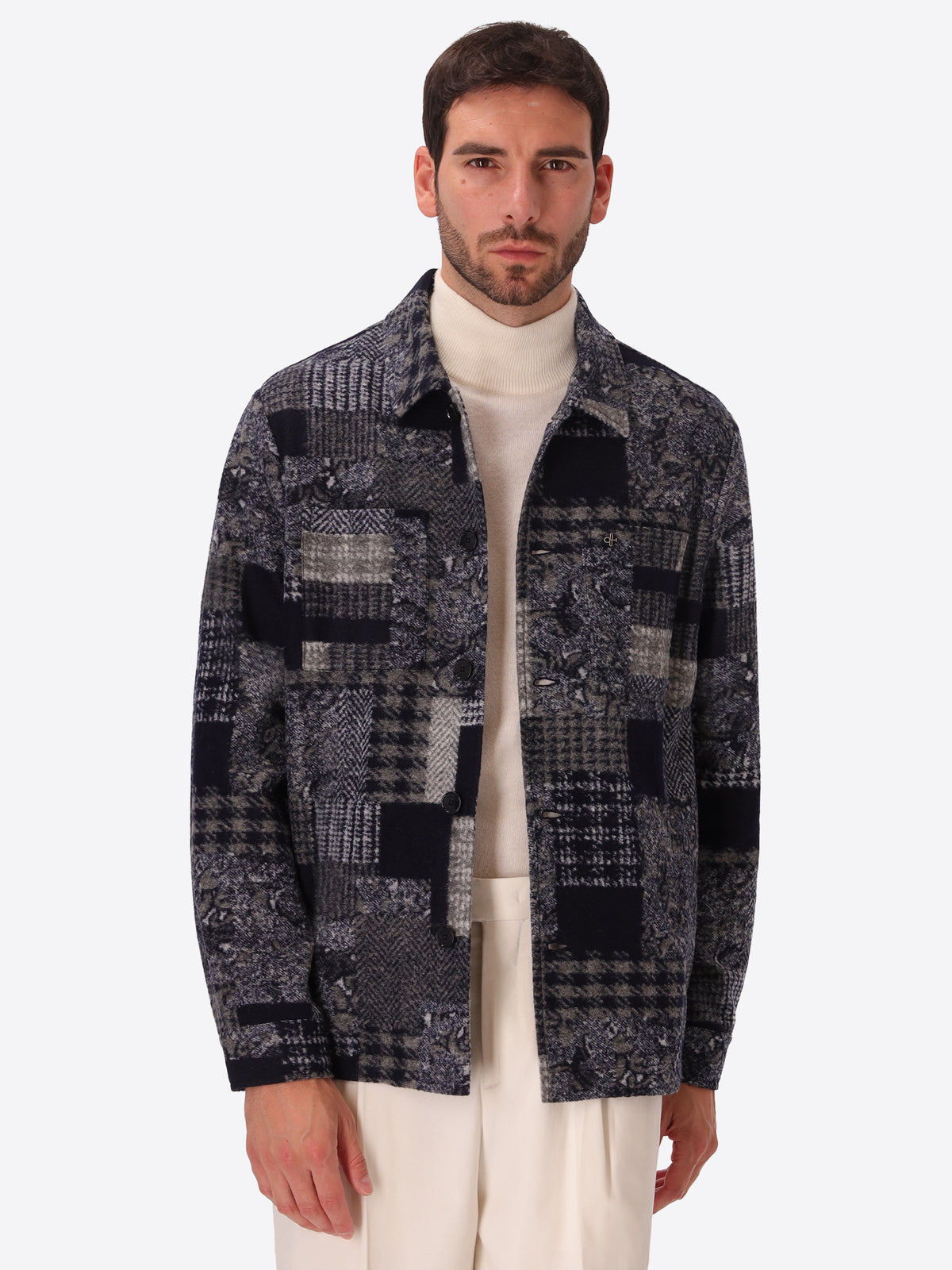 Boccioni Blue Wool-Blend Patchwork Shirt Jacket - Model Front View