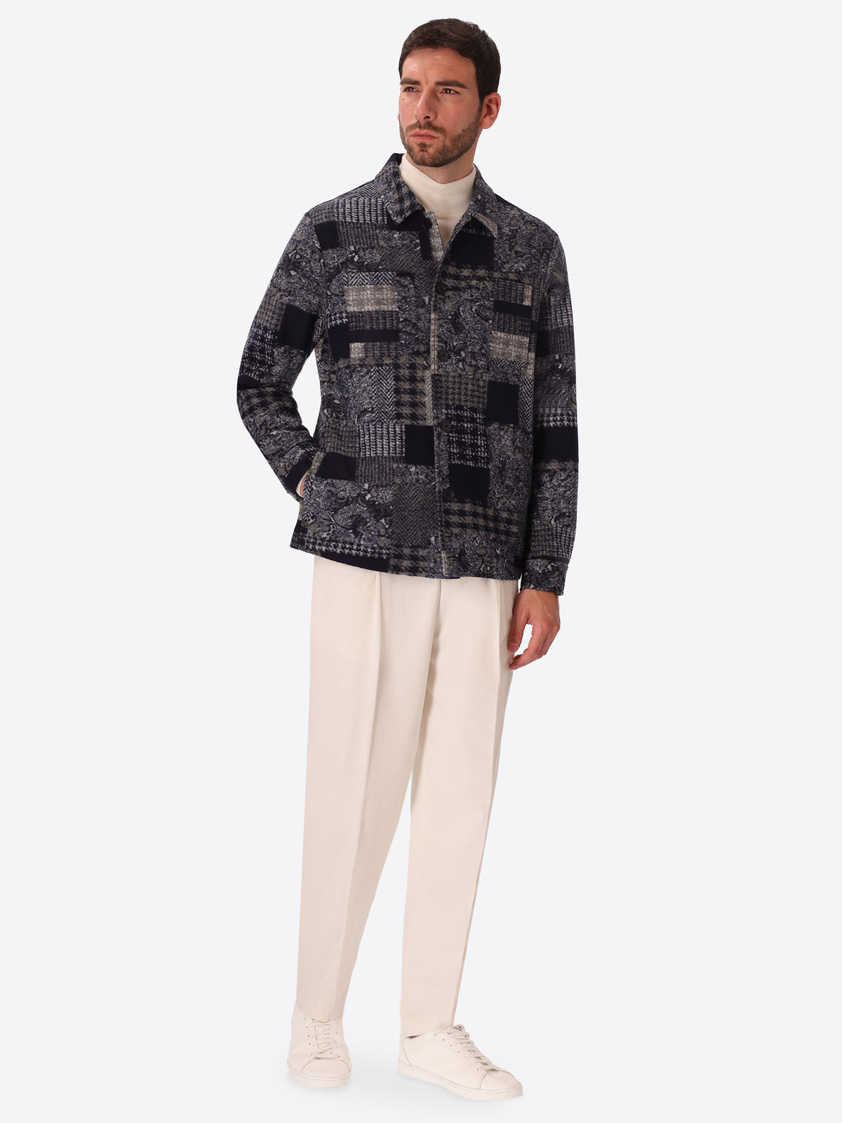Boccioni Blue Wool-Blend Patchwork Shirt Jacket - Model Full Body Shot