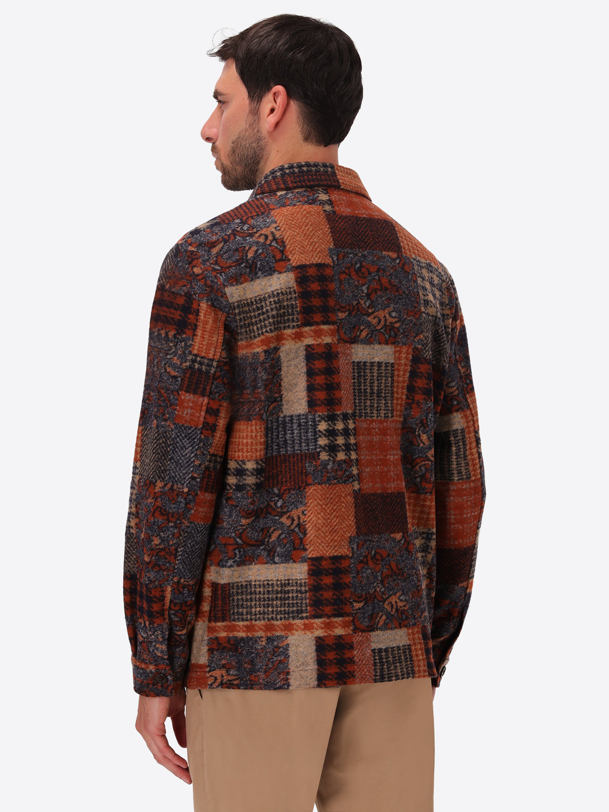 Boccioni Mars Wool-Blend Patchwork Shirt Jacket - Model Back View