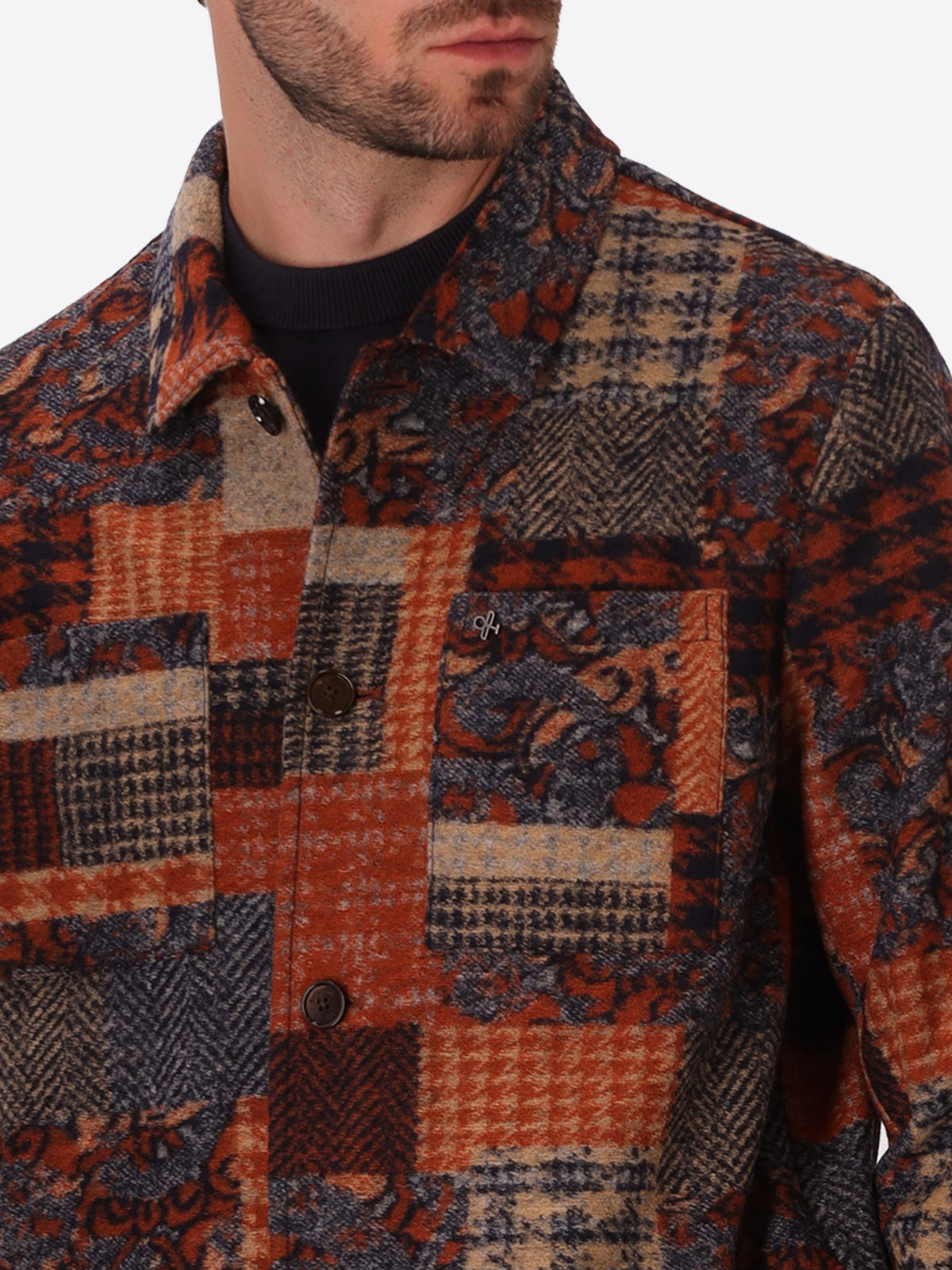 Boccioni Mars Wool-Blend Patchwork Shirt Jacket - Close-Up Of The Collar