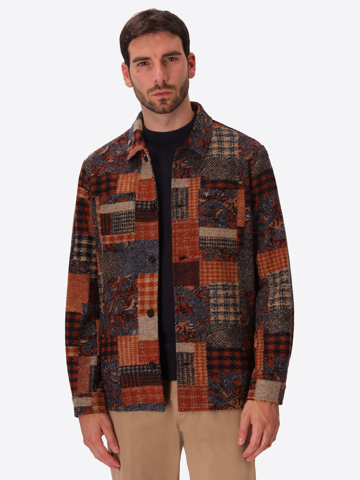 Boccioni Mars Wool-Blend Patchwork Shirt Jacket - Model Front View