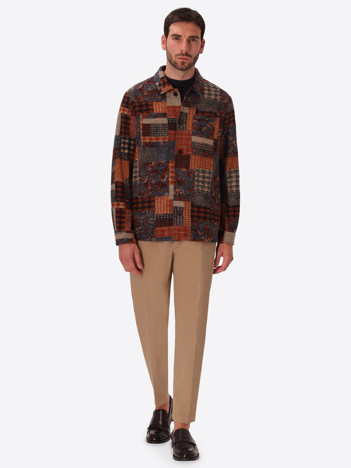 Boccioni Mars Wool-Blend Patchwork Shirt Jacket - Model Full Body Shot
