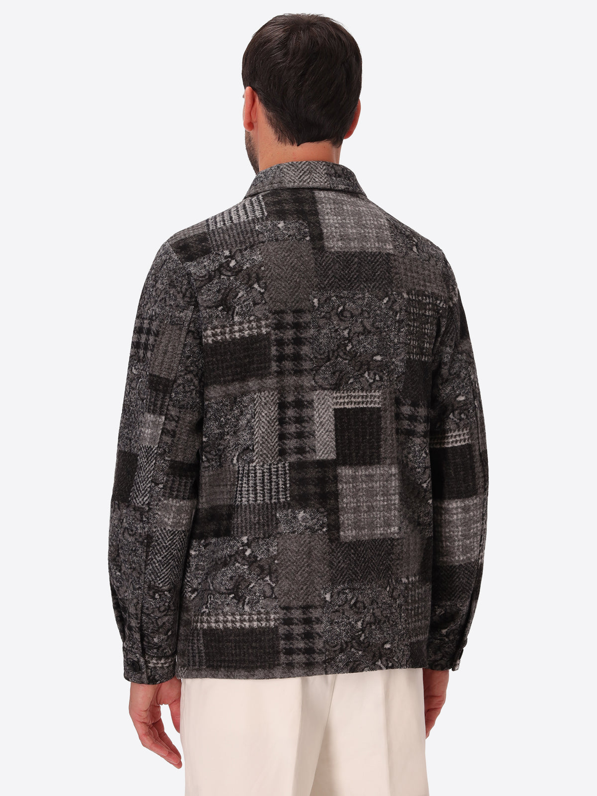 Boccioni Medium Grey Wool-Blend Patchwork Shirt Jacket - Model Back View
