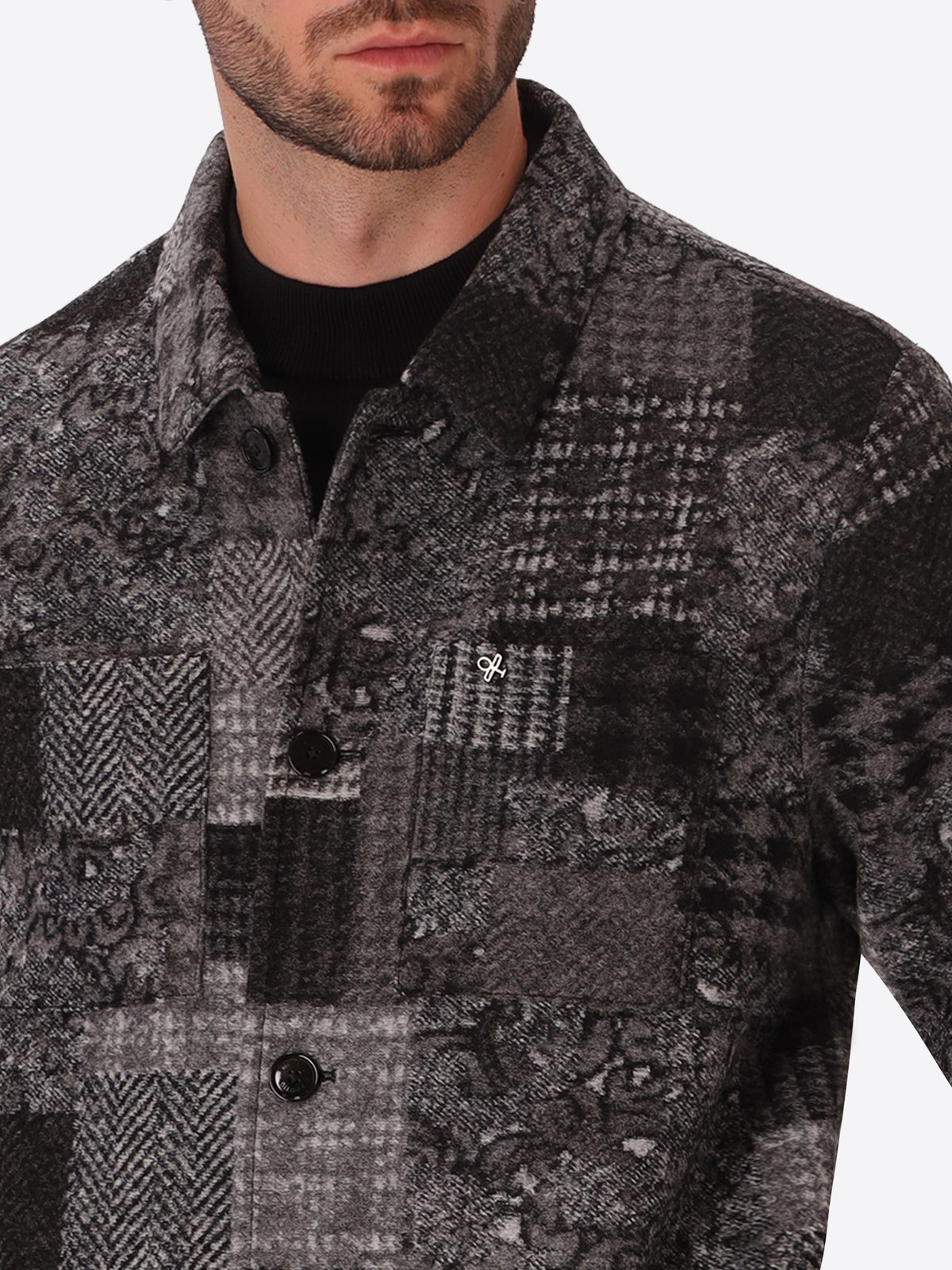 Boccioni Medium Grey Wool-Blend Patchwork Shirt Jacket - Close-Up Of The Collar