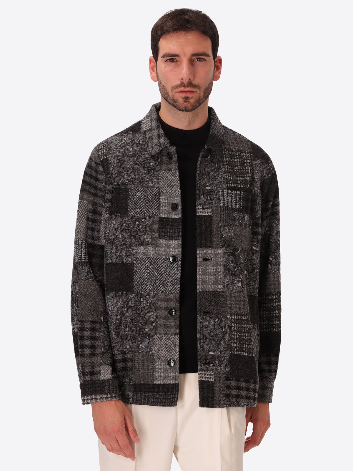 Boccioni Medium Grey Wool-Blend Patchwork Shirt Jacket - Model Front View