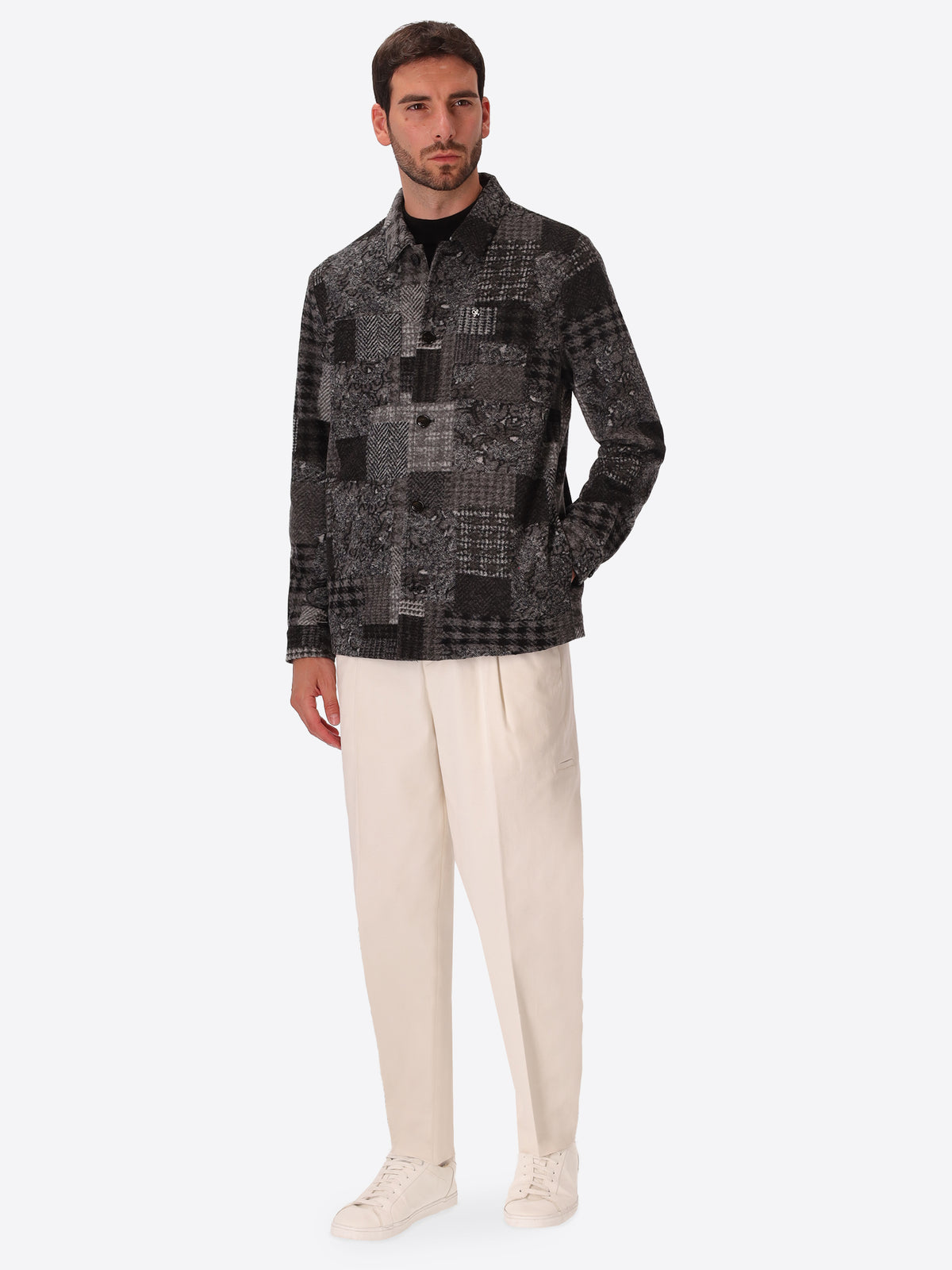 Boccioni Medium Grey Wool-Blend Patchwork Shirt Jacket - Model Full Body Shot