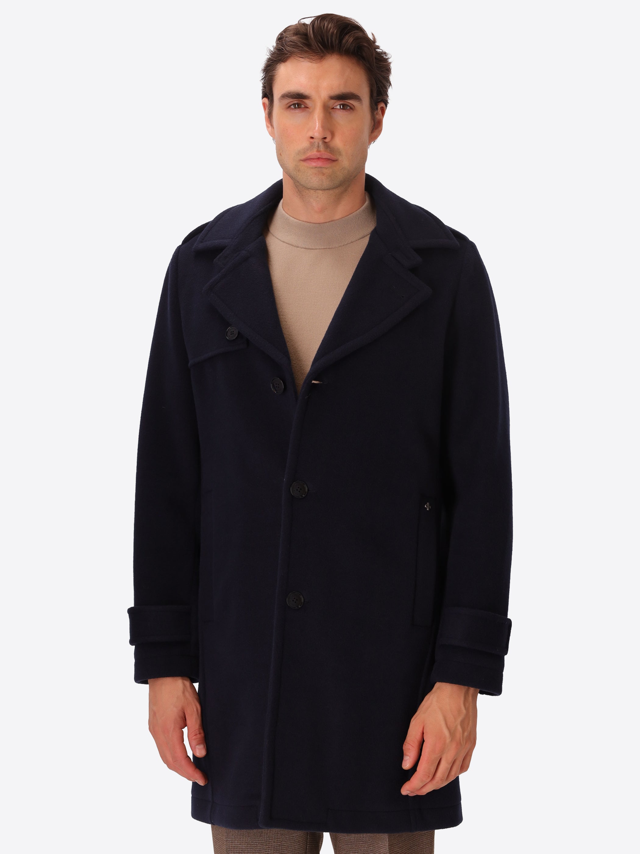 Coat Manchester Blue Wool-Blend Trench - Model Front View