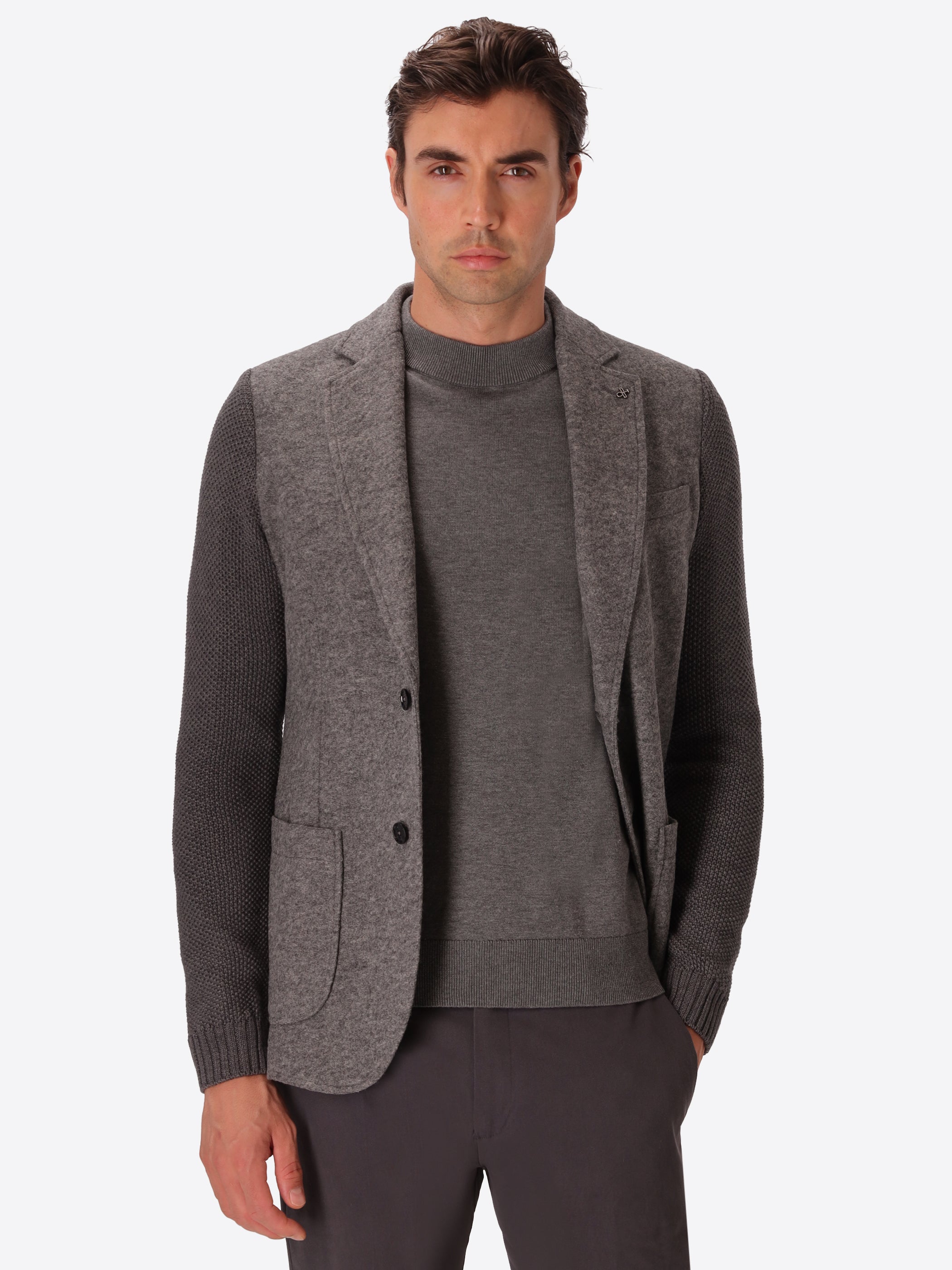 Toppa Regent Medium Grey Wool-Blend With Cable-Knit Sleeves Jacket - Model Front View
