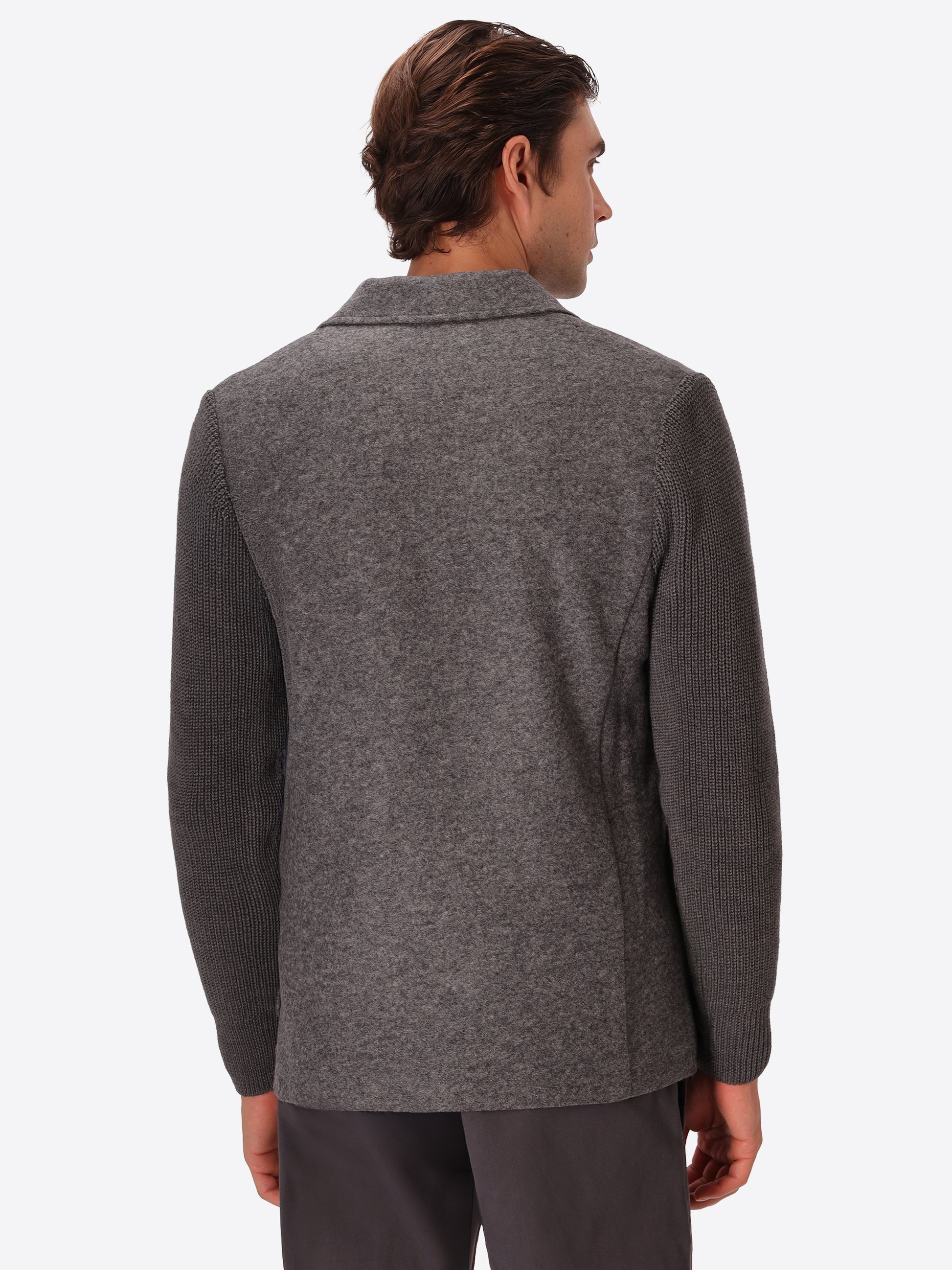 Regent Medium Grey Wool-Blend With Knit Sleeves Jacket - Model Back View