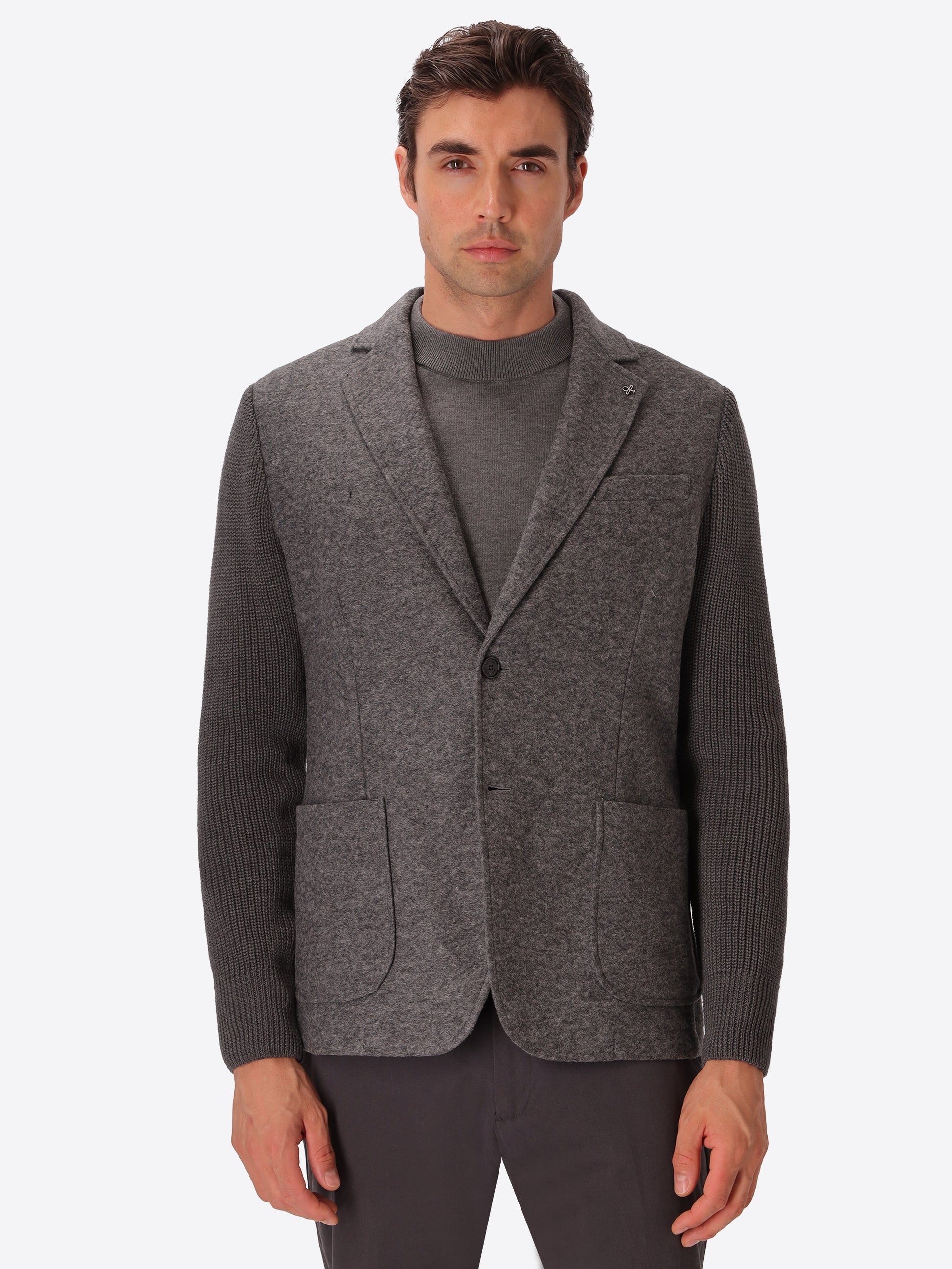 Regent Medium Grey Wool-Blend With Knit Sleeves Jacket - Model Front View