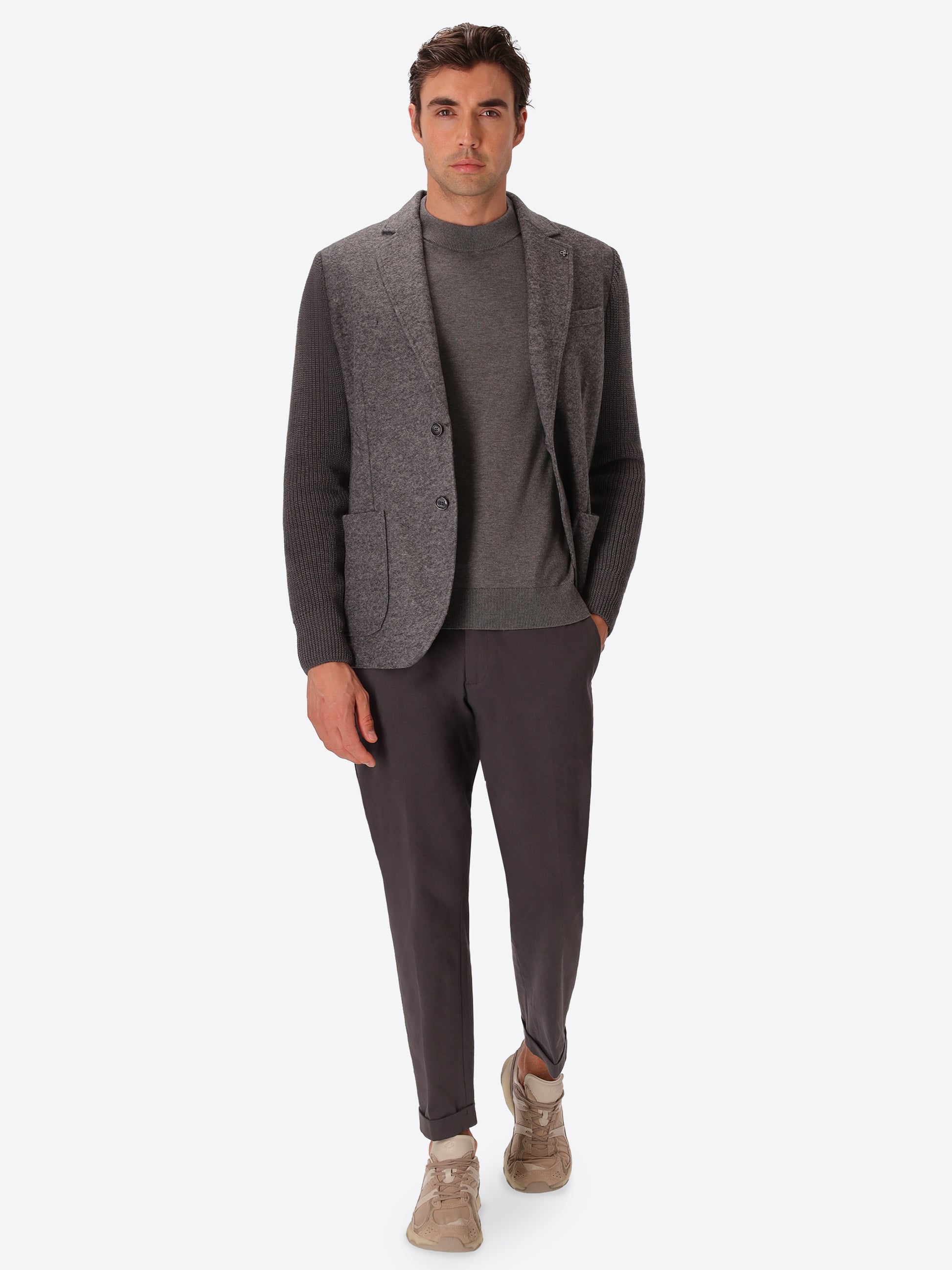 Regent Medium Grey Wool-Blend With Knit Sleeves Jacket - Model Full Body Shot