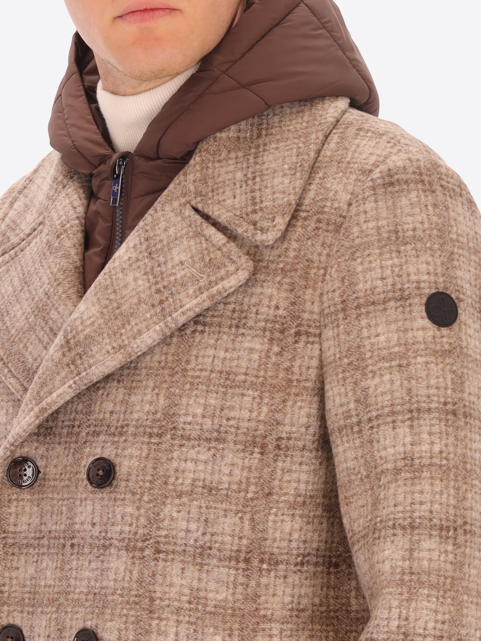 Peacoat Leeds in Lana Cotta con Disegno Tartan e Cappuccio Staccabile