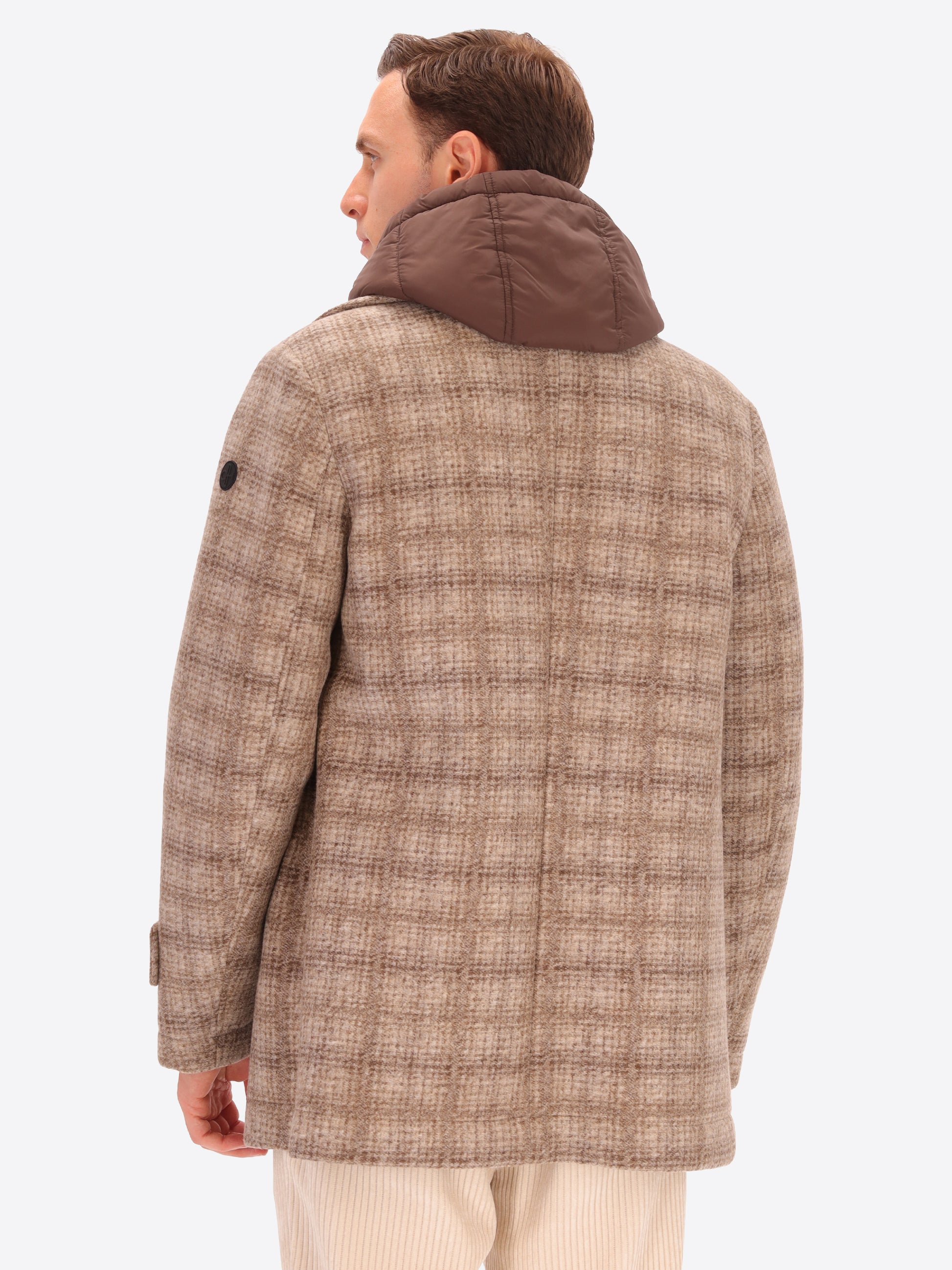 Peacoat Leeds in Lana Cotta con Disegno Tartan e Cappuccio Staccabile