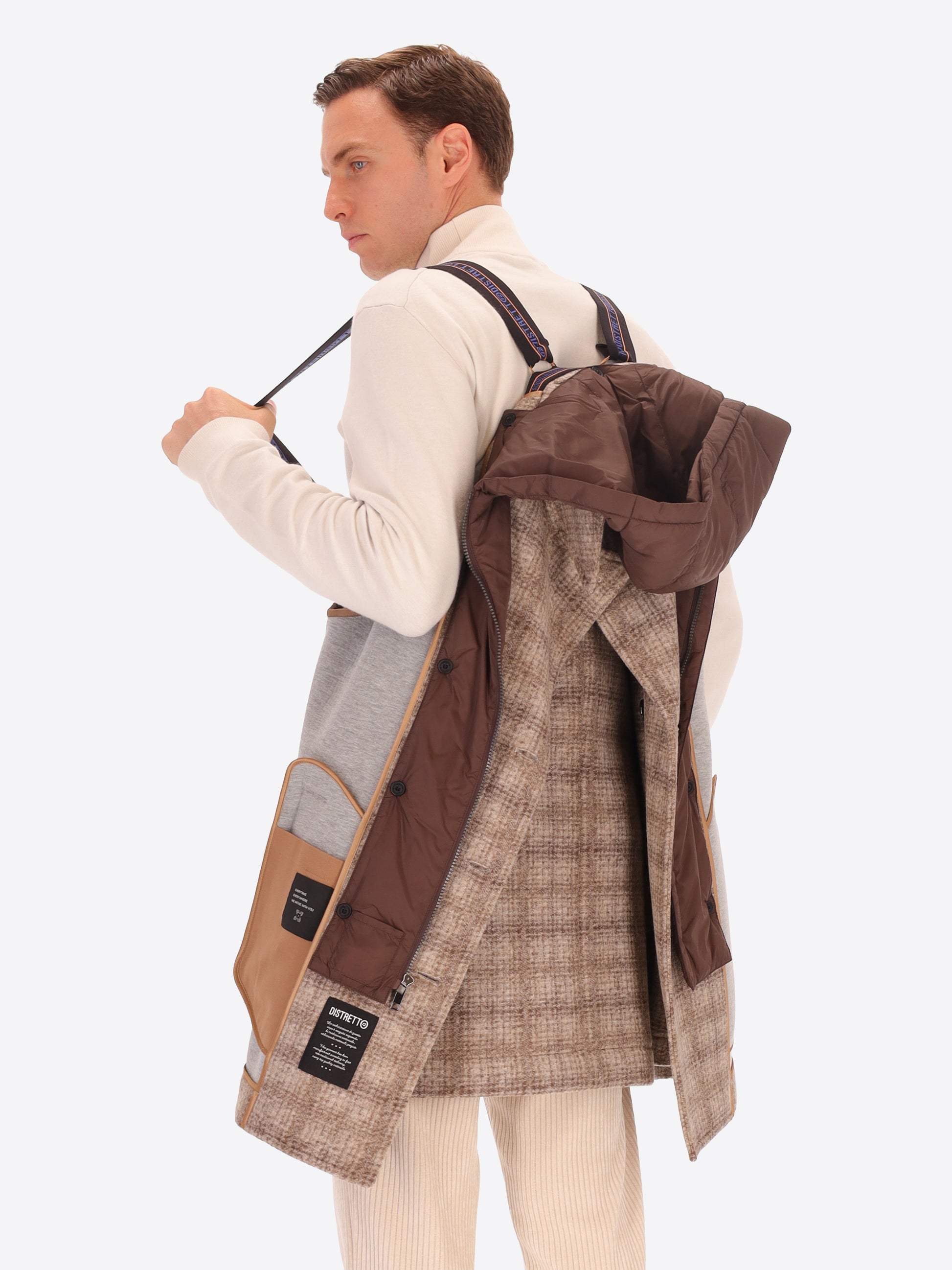 Peacoat Leeds in Lana Cotta con Disegno Tartan e Cappuccio Staccabile
