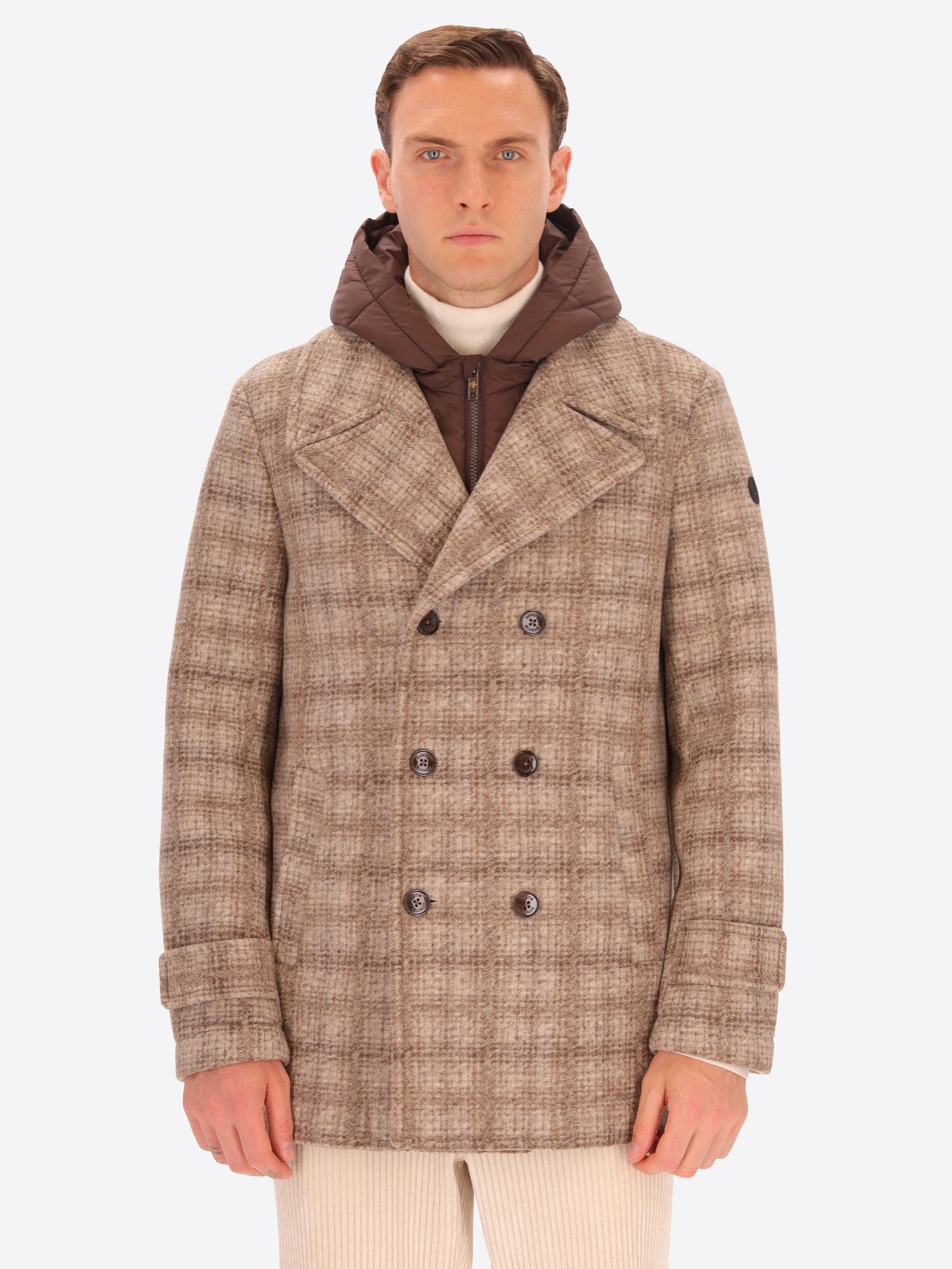 Peacoat Leeds in Lana Cotta con Disegno Tartan e Cappuccio Staccabile