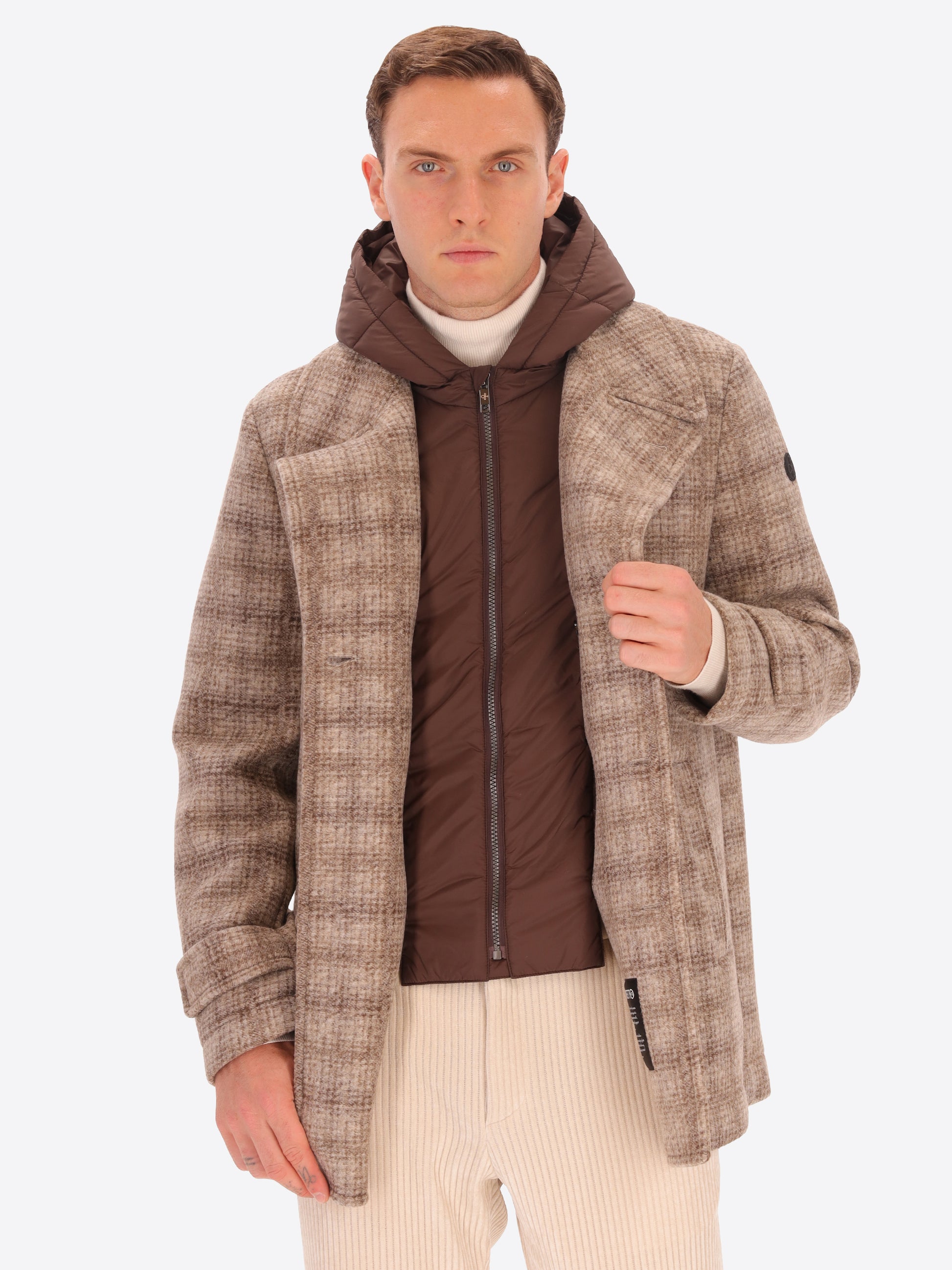 Peacoat Leeds in Lana Cotta con Disegno Tartan e Cappuccio Staccabile