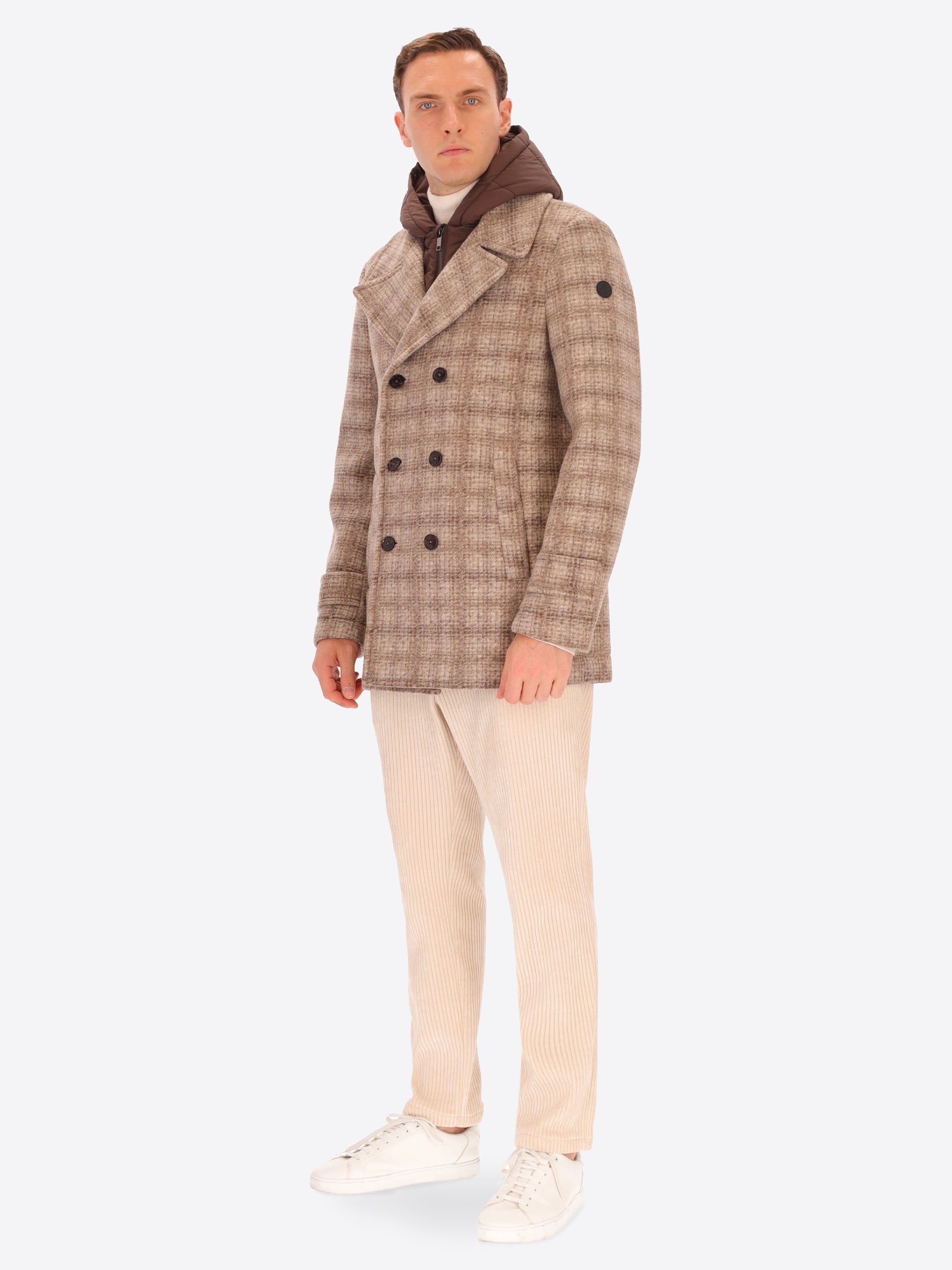 Peacoat Leeds in Lana Cotta con Disegno Tartan e Cappuccio Staccabile