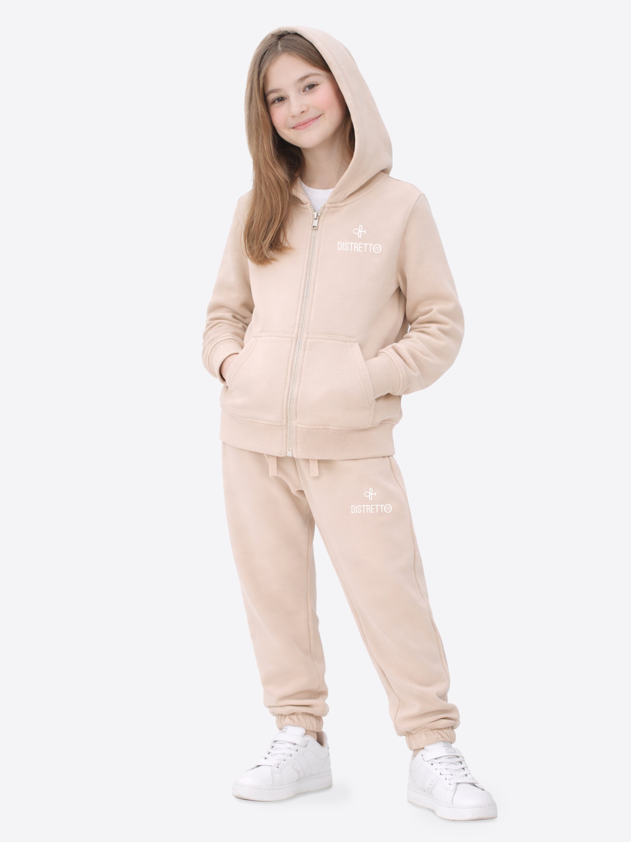 Kids Cream Tracksuit Set in Cotton – Zip Hoodie & Regular Fit Pants