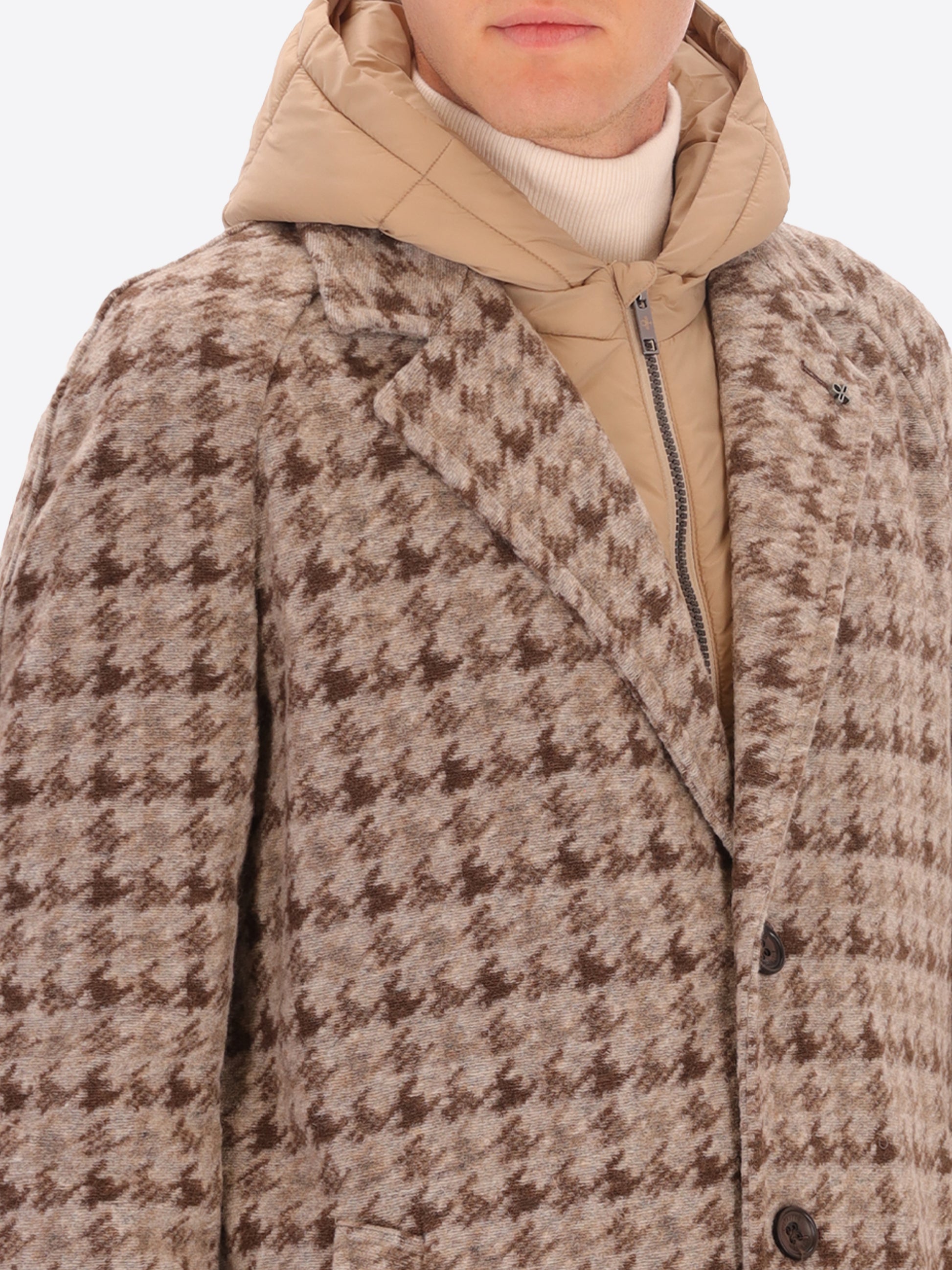 Cappotto Raglan Cardiff in Lana Agugliata con Disegno Pied de Poule e Cappuccio Staccabile