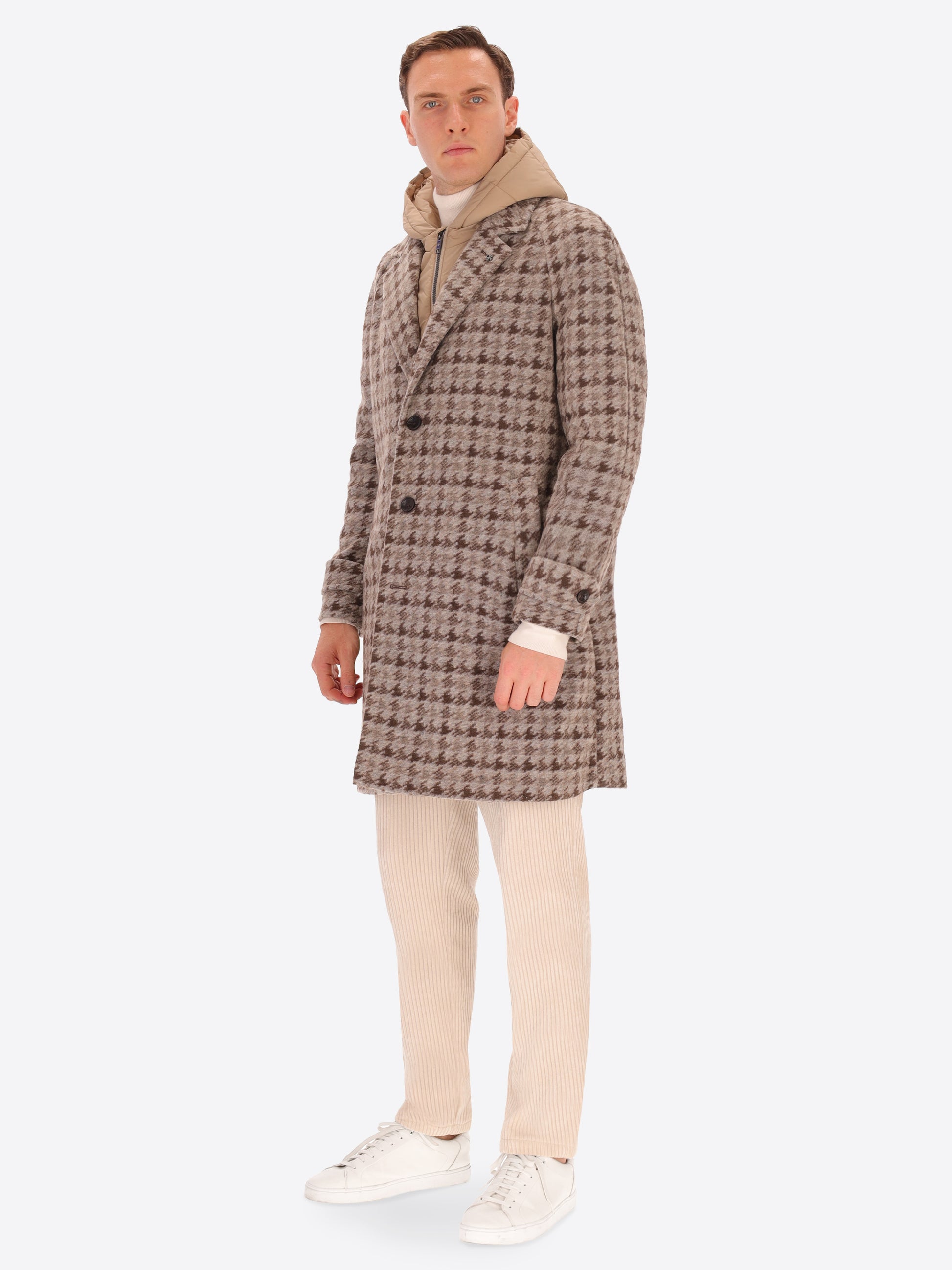 Cappotto Raglan Cardiff in Lana Agugliata con Disegno Pied de Poule e Cappuccio Staccabile