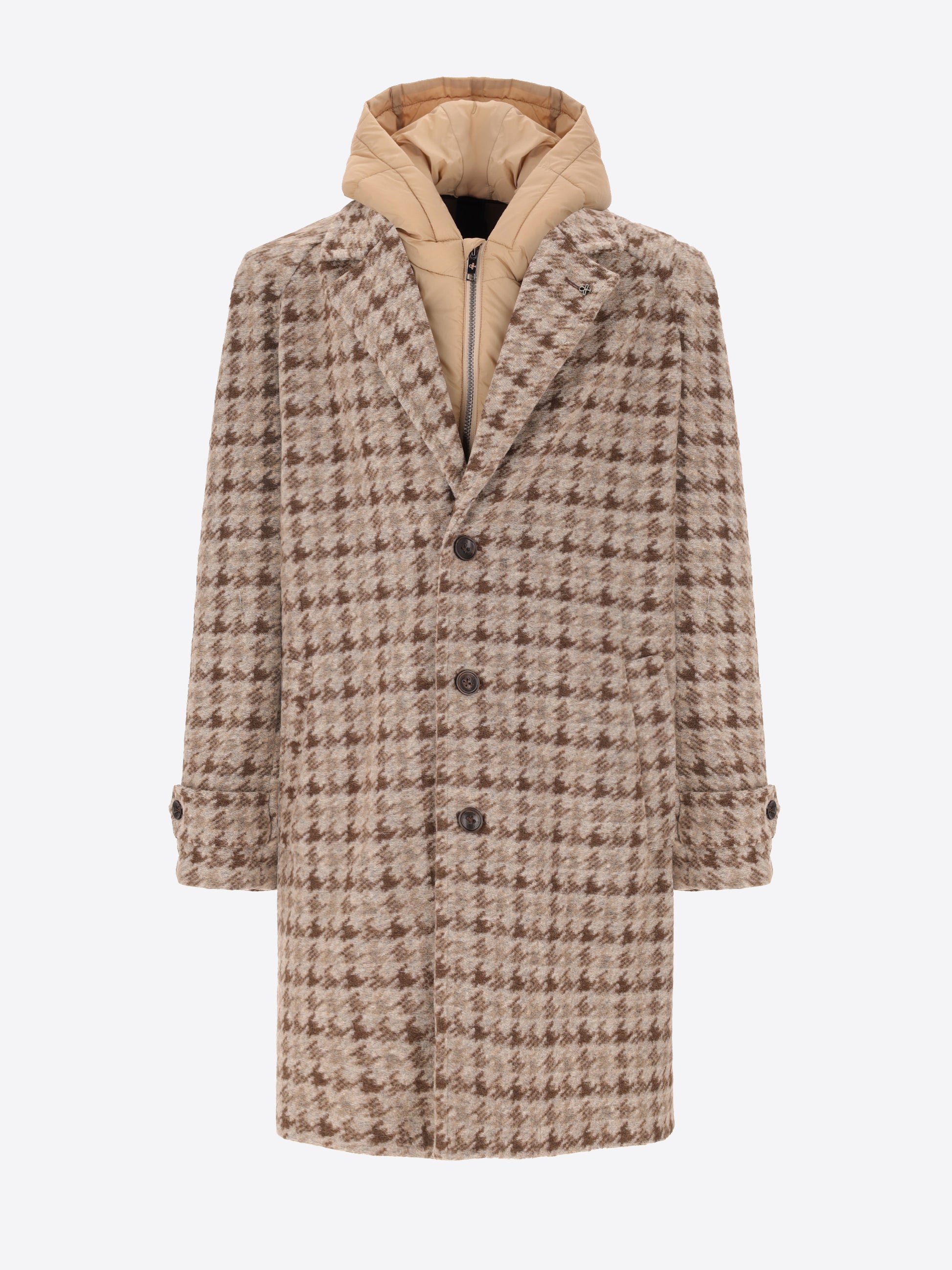 Cappotto Raglan Cardiff in Lana Agugliata con Disegno Pied de Poule e Cappuccio Staccabile