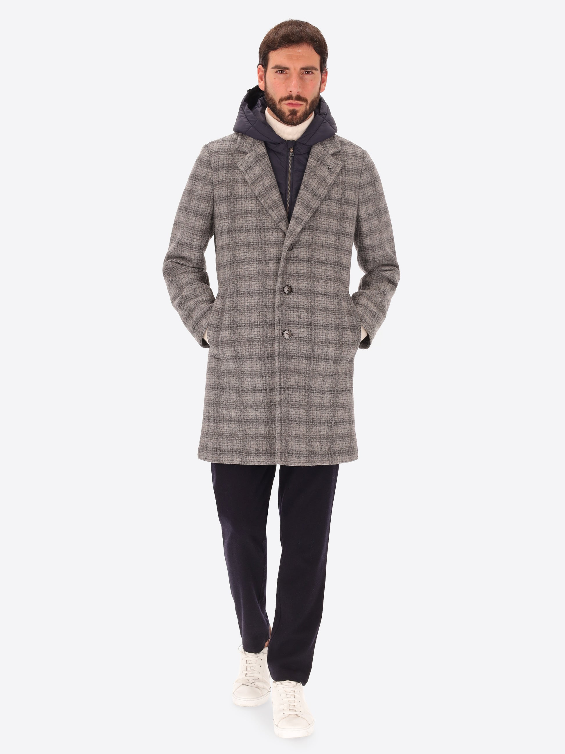 Cappotto Leeds in Lana Cotta con Pattern Tartan e Cappuccio Staccabile