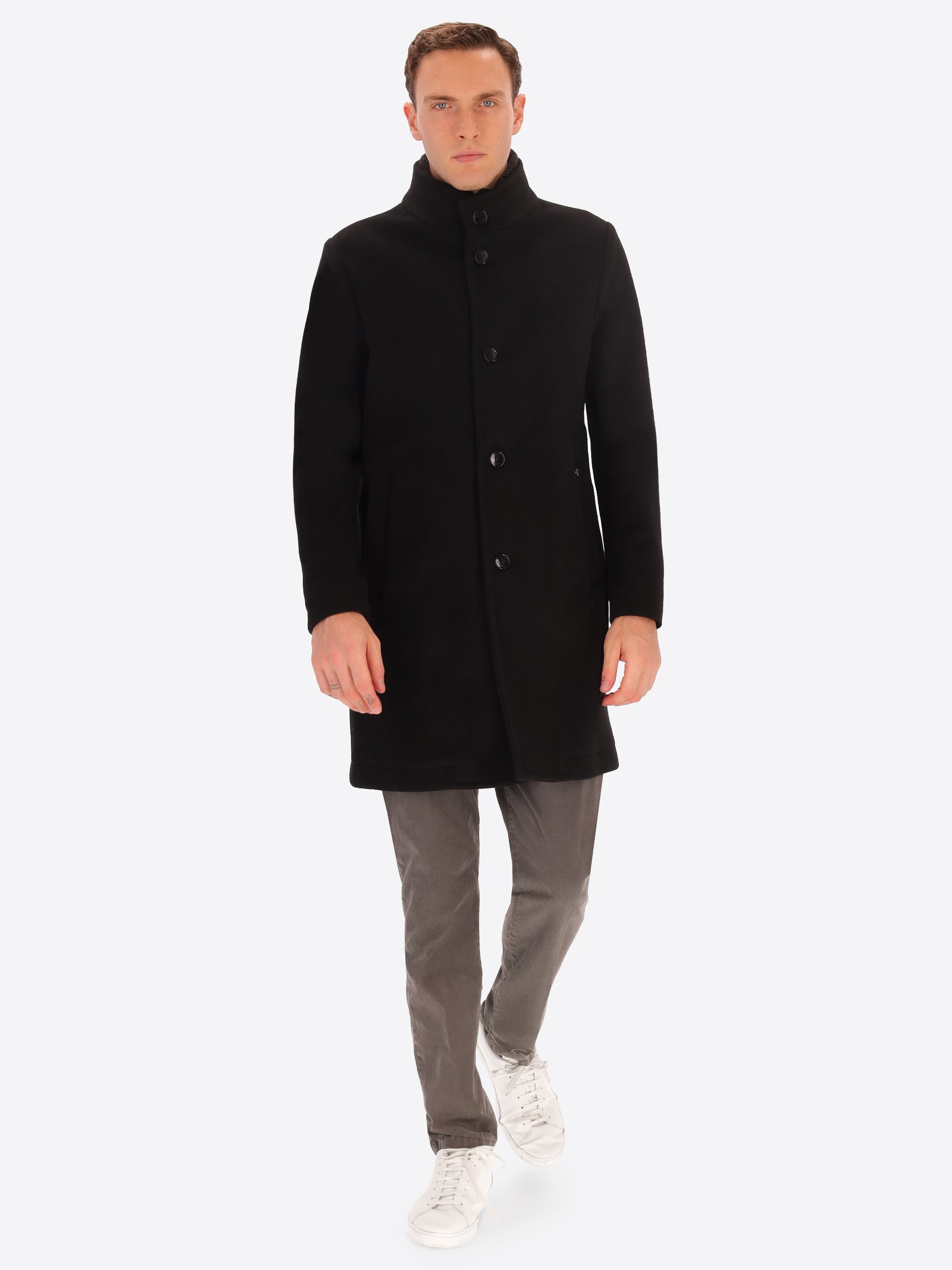 Cappotto Manchester in Panno Misto Lana Super Comfort con Pettorina a Collo Alto Staccabile