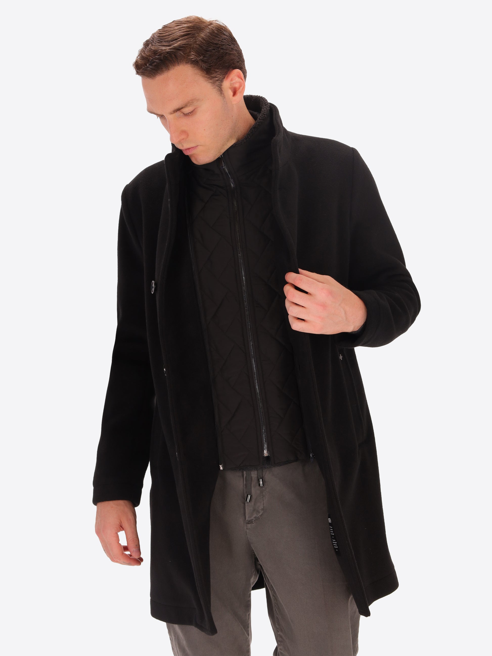 Cappotto Manchester in Panno Misto Lana Super Comfort con Pettorina a Collo Alto Staccabile