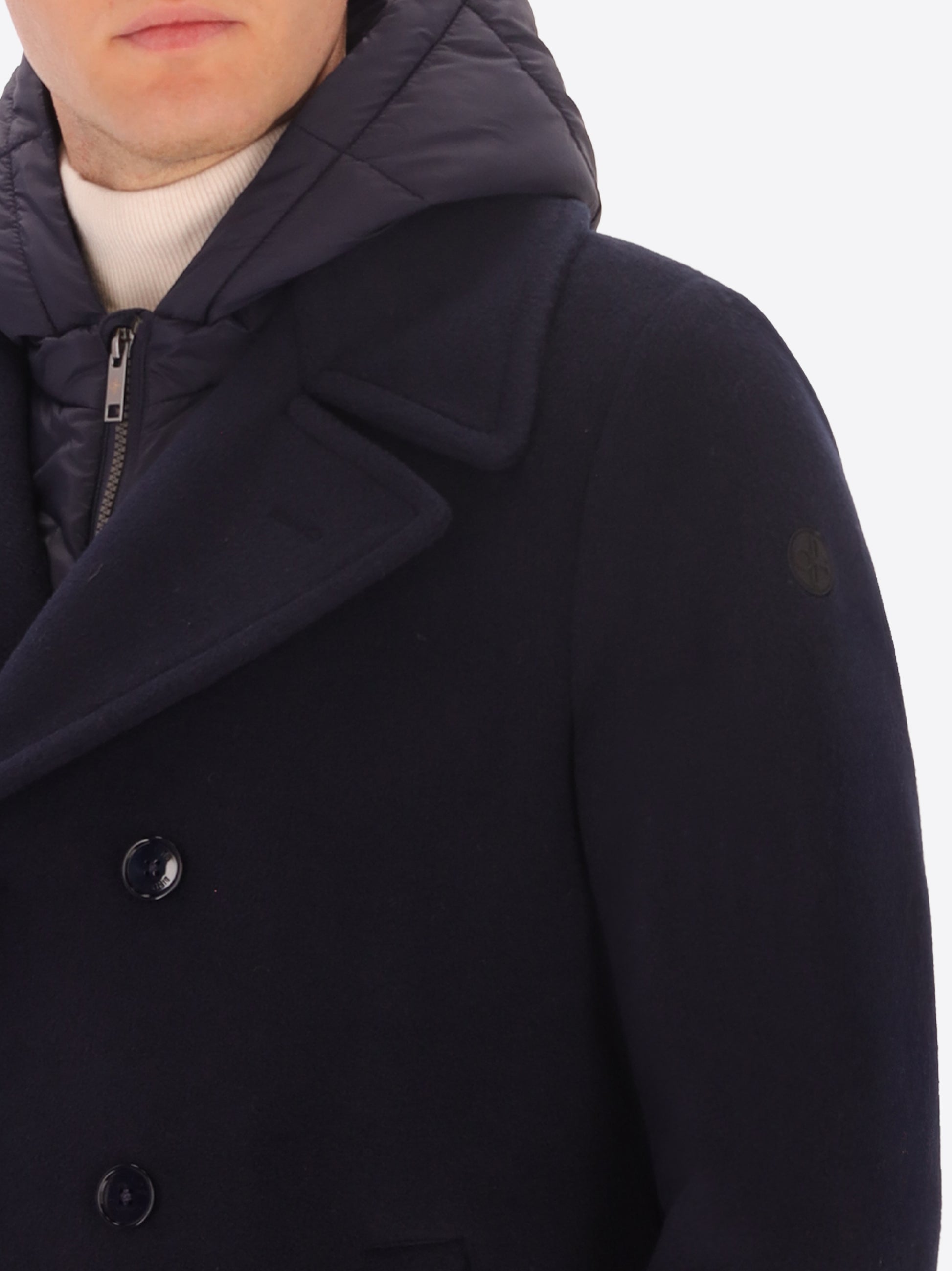 Peacoat Manchester in Panno Misto Lana Super Comfort con Pettorina e Cappuccio Staccabile