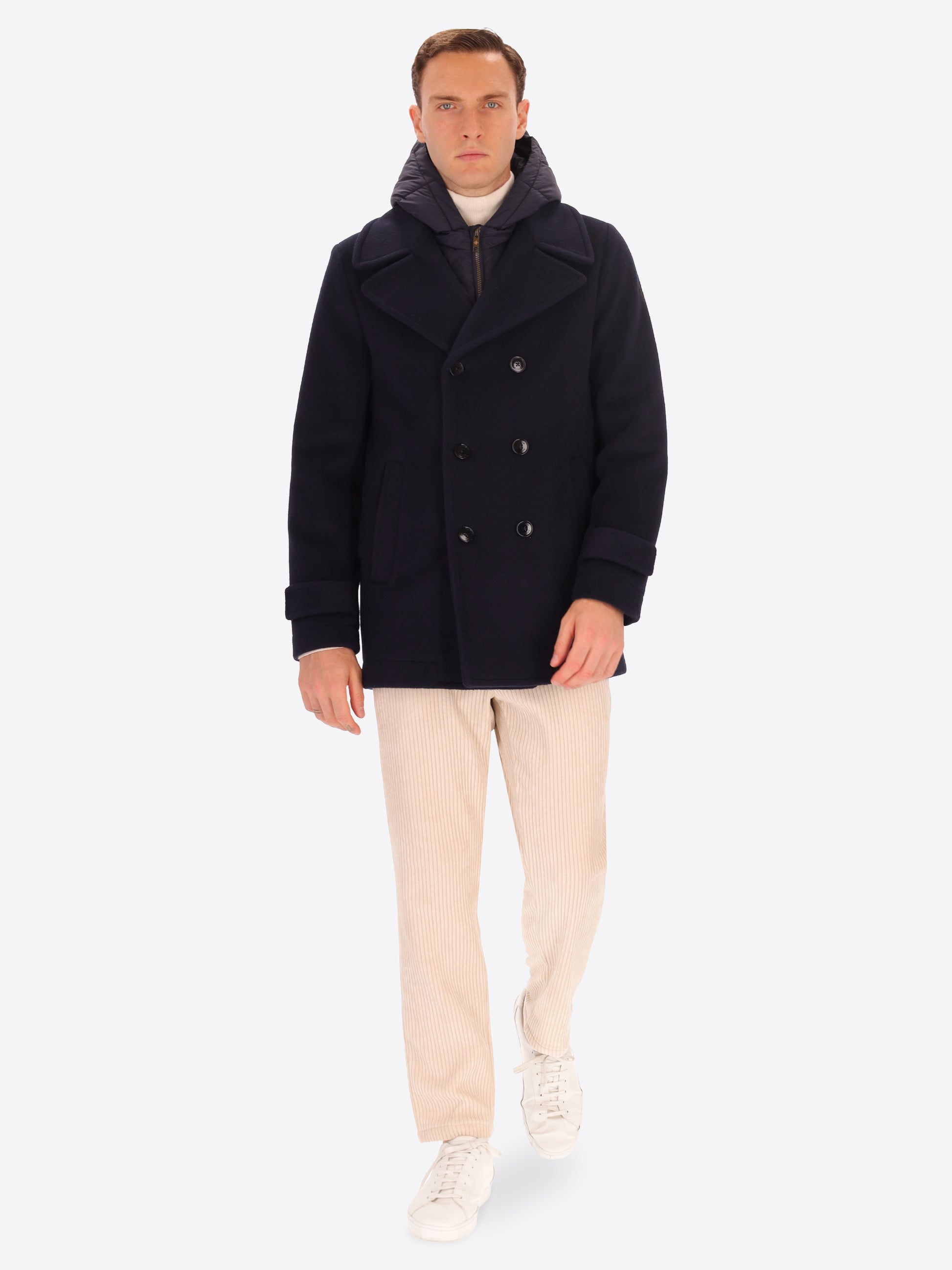Peacoat Manchester in Panno Misto Lana Super Comfort con Pettorina e Cappuccio Staccabile