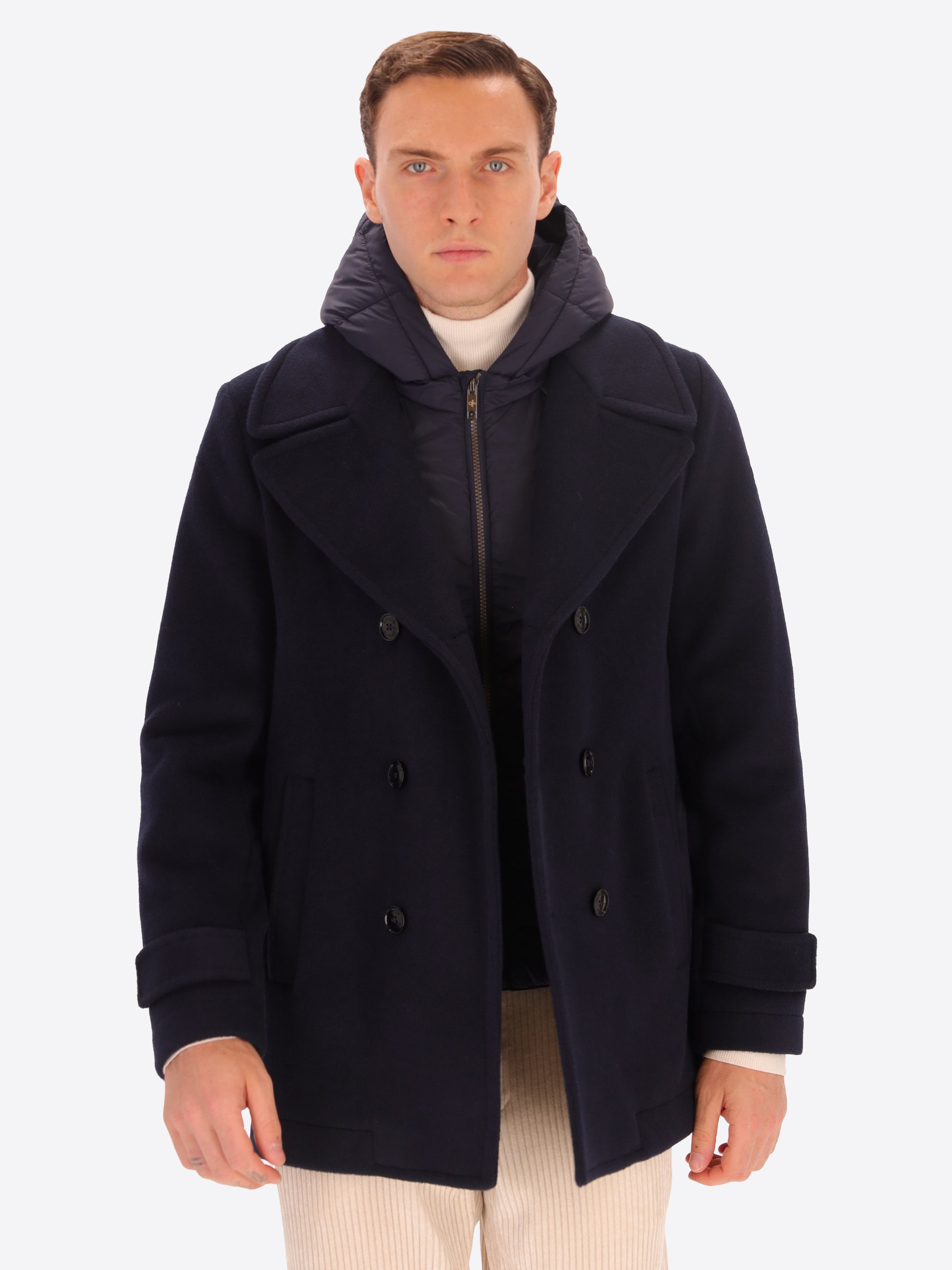Peacoat Manchester in Panno Misto Lana Super Comfort con Pettorina e Cappuccio Staccabile