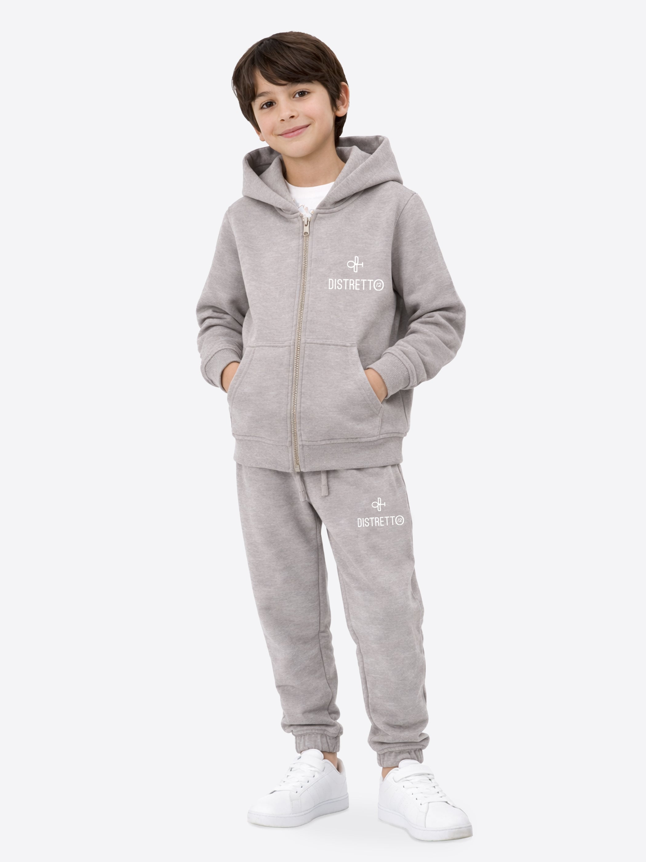 Kids Grey Melange Tracksuit Set in Cotton – Zip-Up Hoodie & Casual Pants