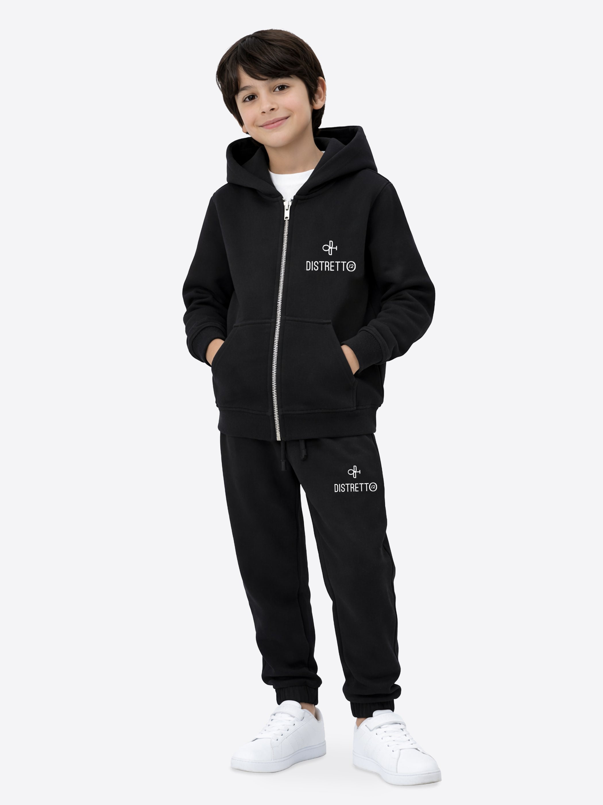 Kids Black Tracksuit Set in Cotton – Zip-Up Hoodie & Regular Fit Pants