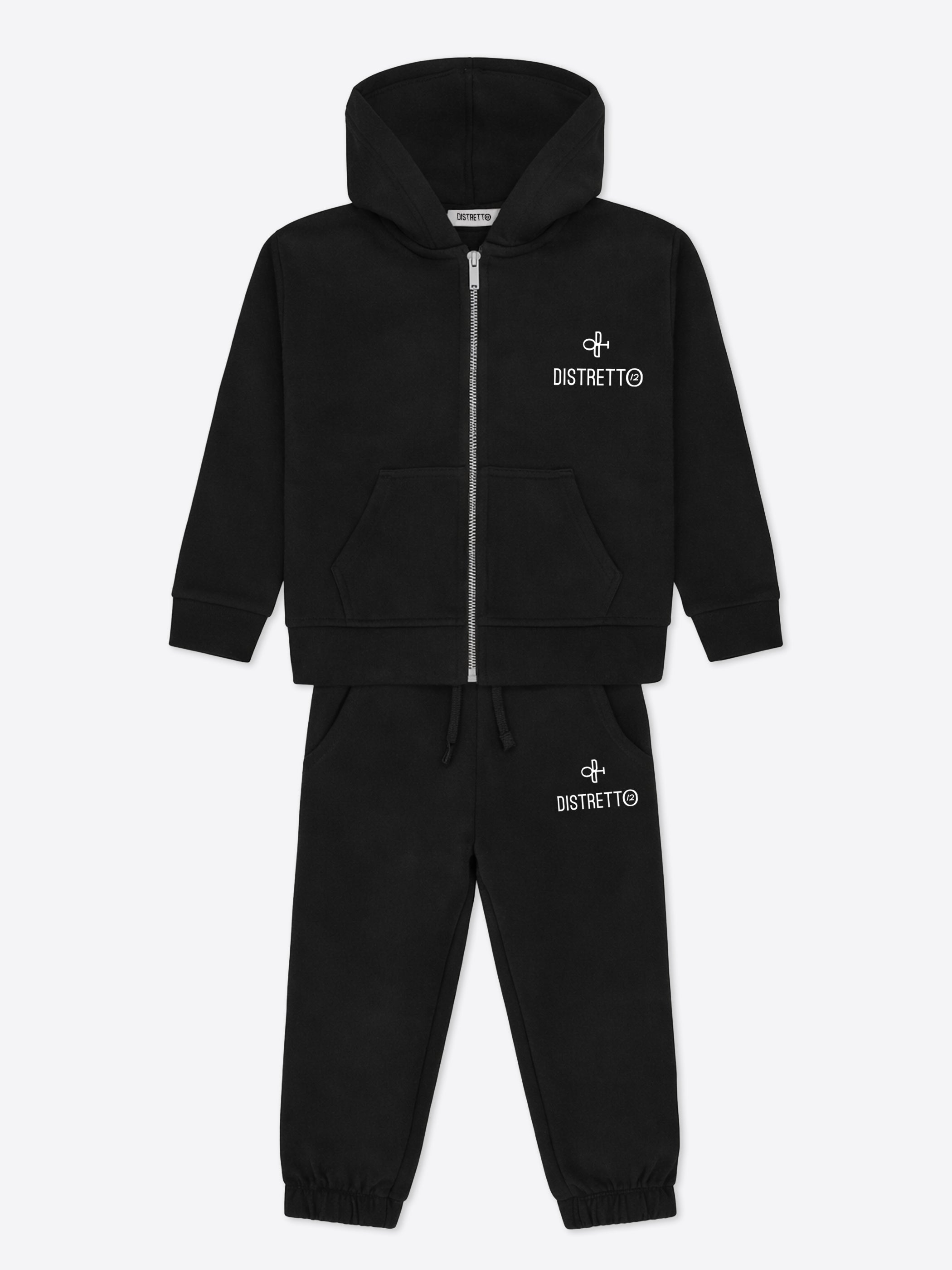 Kids Black Tracksuit Set in Cotton – Zip-Up Hoodie & Regular Fit Pants