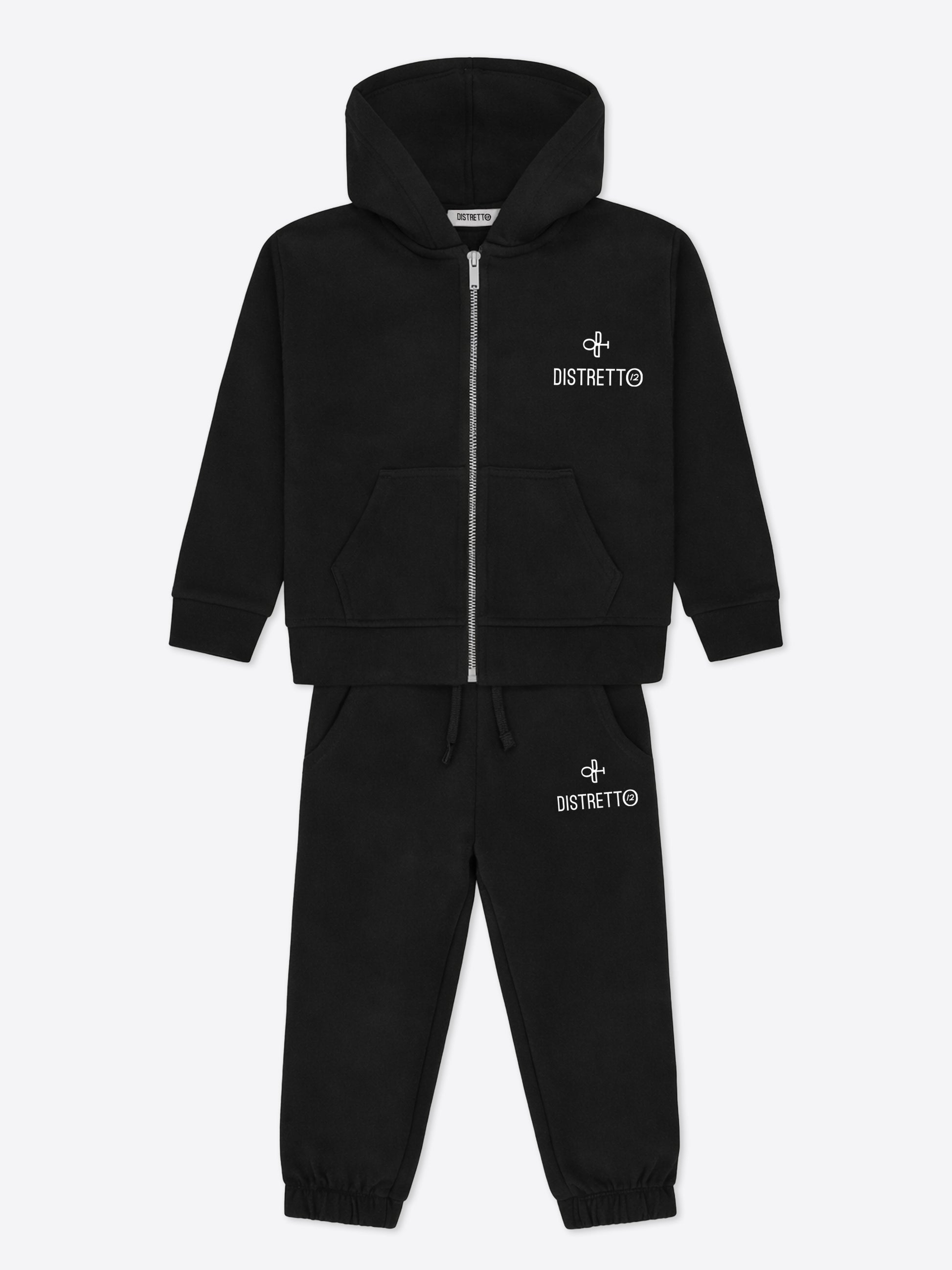 Kinder Trainingsanzug Schwarz aus Baumwolle – Hoodie mit Reißverschluss & Hose Regular Fit