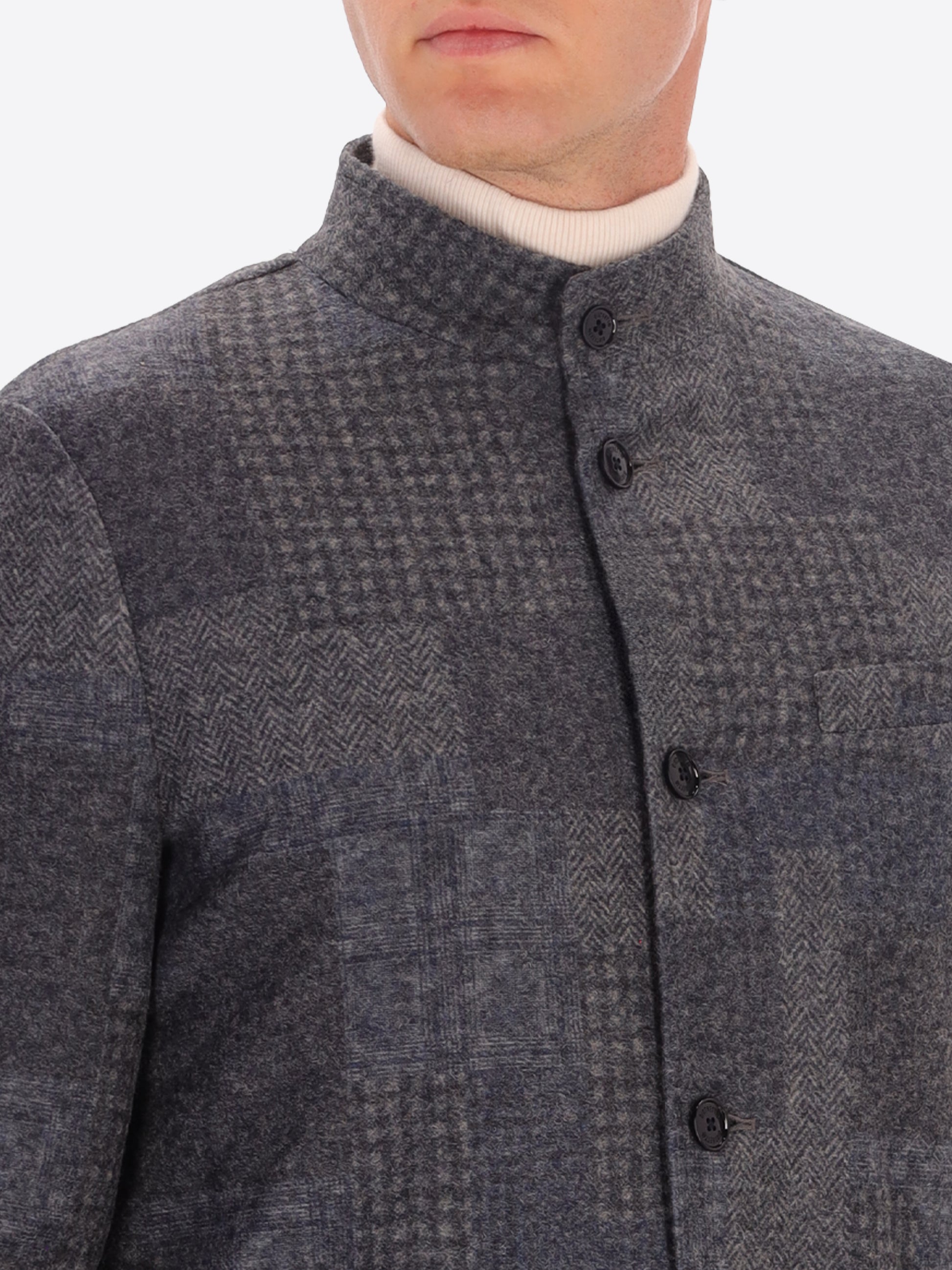 Wool Blend Patchwork Check Pattern Coreana Jacket Chester